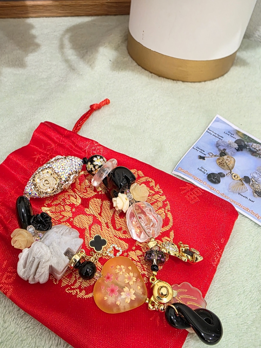 Bamboo Agate And Onyx And Clear Qarts Mix Luxury Charms Bracelet